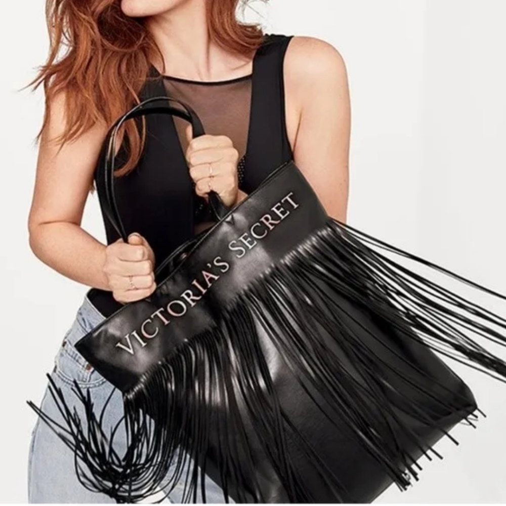 NWT $58 Victoria Secret black fringe large tote